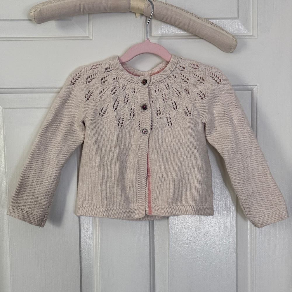 Baby Boden Taupe and pink Knit Cardigan with Button Details